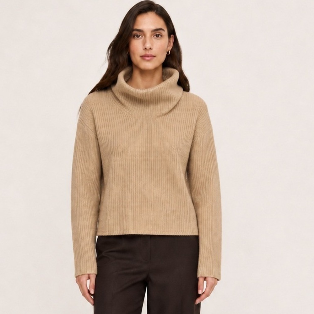 Polo Ralph Lauren Womens Sweater S Tan Funnel Neck Ribbed Knit Wool Cashmere